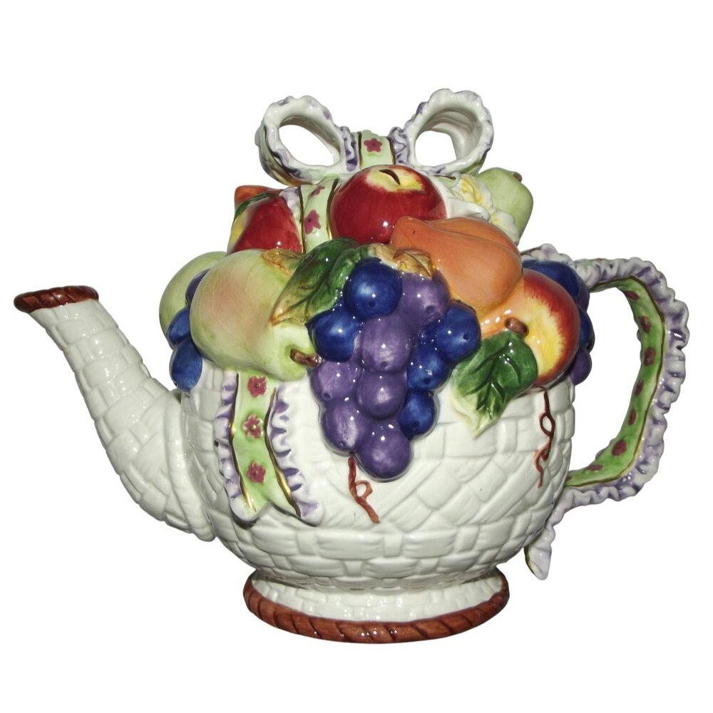Teapot floral bow porcelain ceramic basketweave fruit with lid multicolor